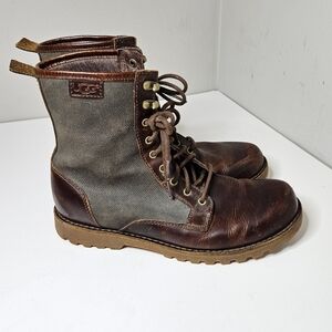 Ugg Montgomery Leather Canvas Boots Chestnut Brown Army Green Lug Soles  9